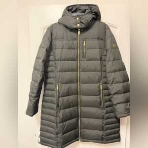Michael Kors olive green Puffer Jacket with Tan Label and gold zippers .